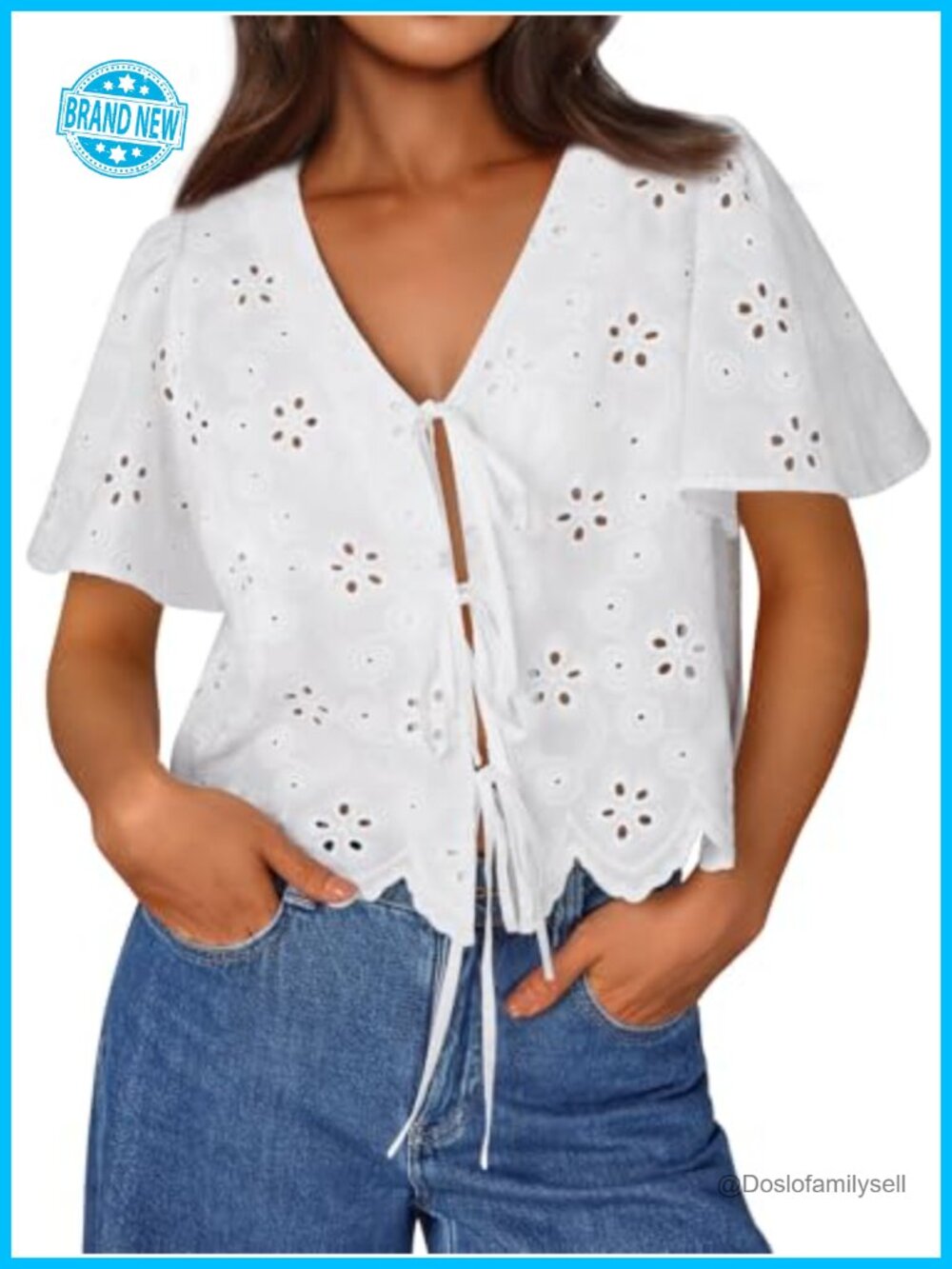 Cotton Tie Front Blouse Eyelet Lace Up Top Boho Summer